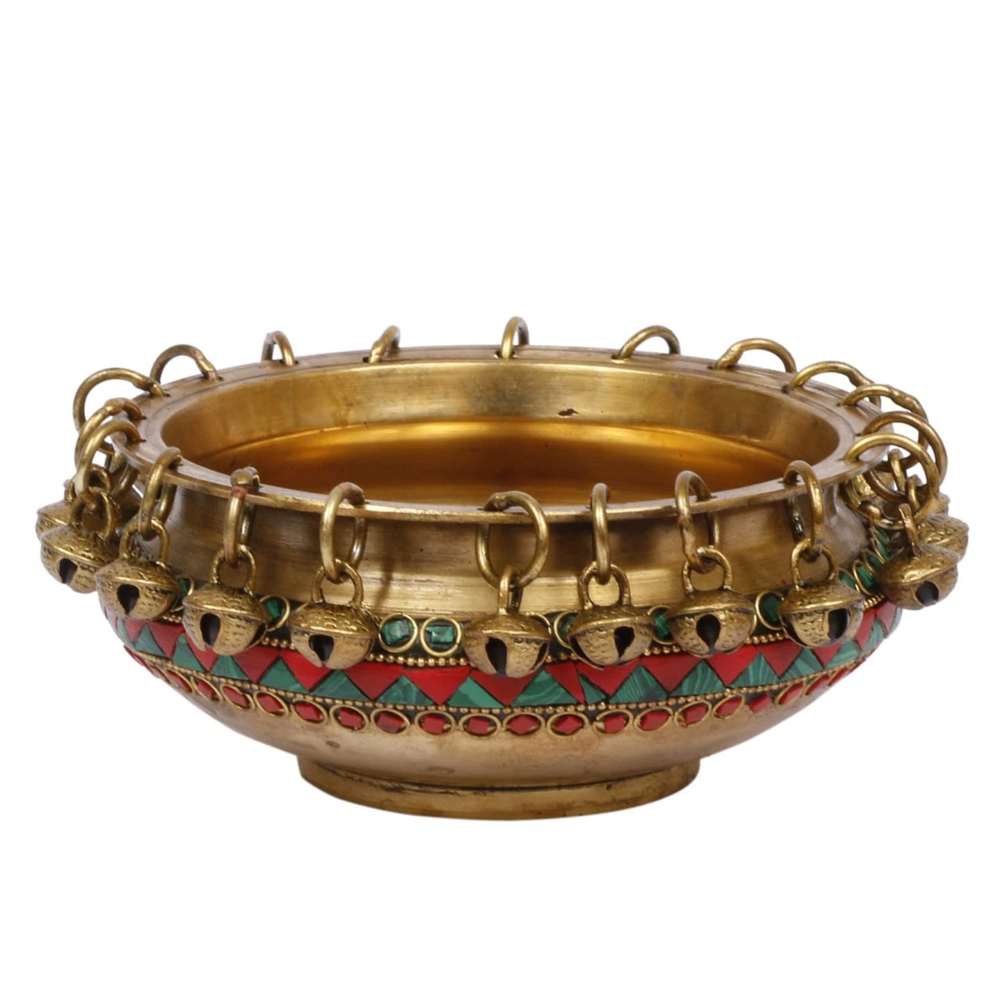 Hanging Bells Design Brass colured stone Urli decorative bowl