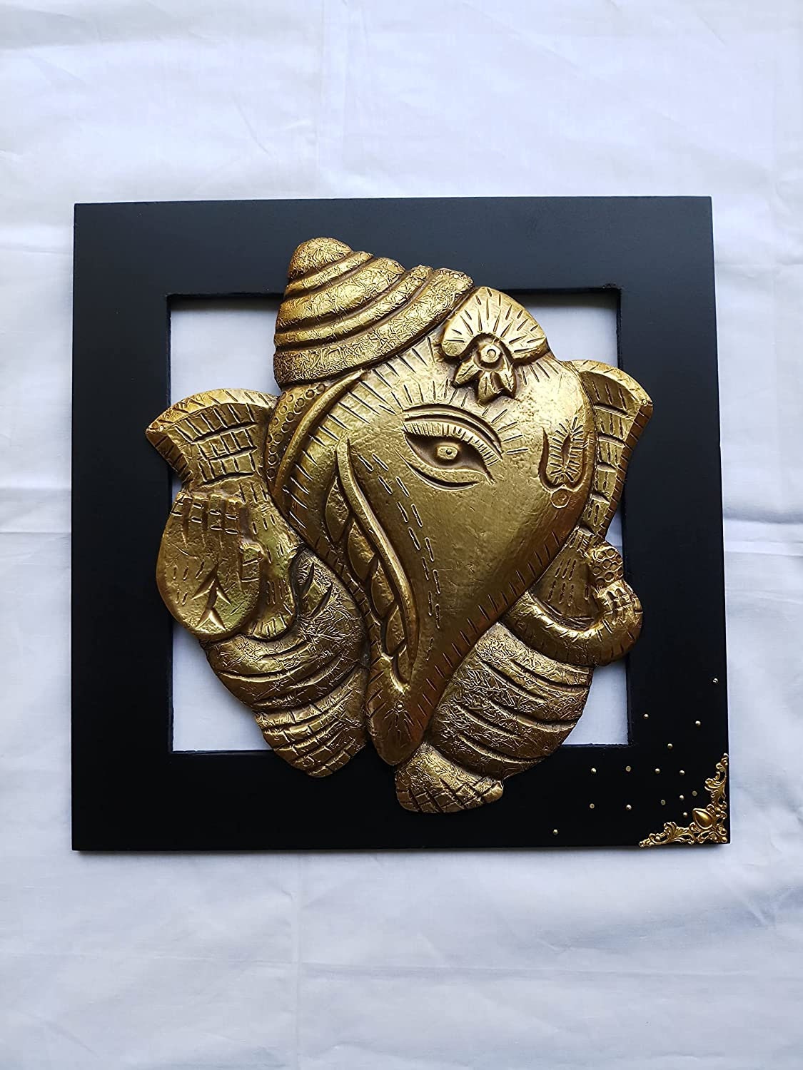 Handcrafted Shankh Ganehsa Wall Art Made Of Brass Metal Cladding With Carved Wood