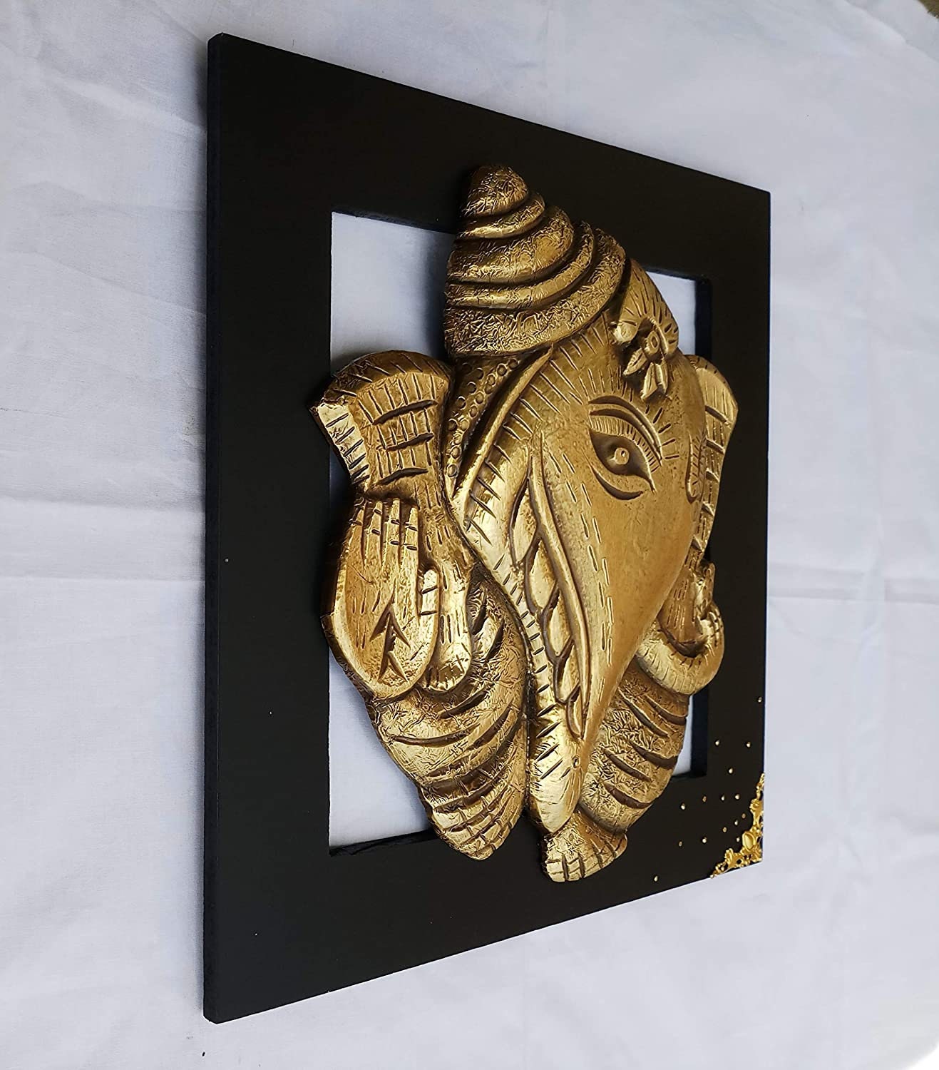 Handcrafted Shankh Ganehsa Wall Art Made Of Brass Metal Cladding With Carved Wood