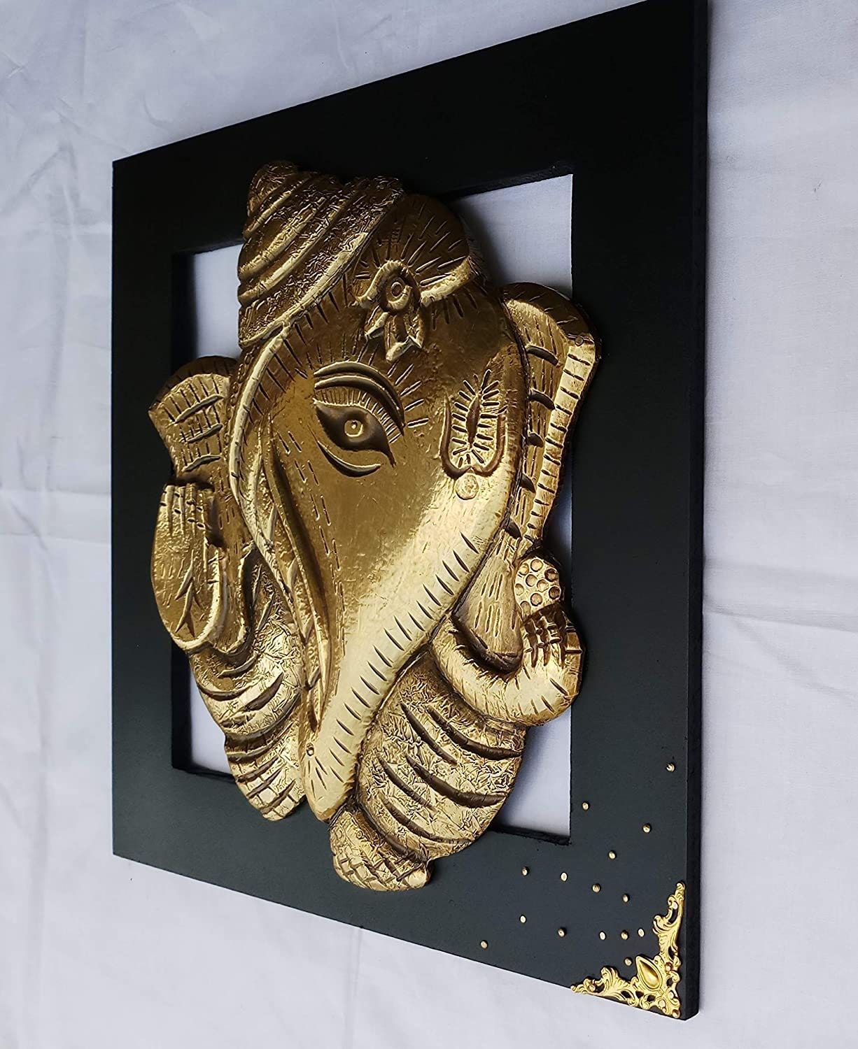 Handcrafted Shankh Ganehsa Wall Art Made Of Brass Metal Cladding With Carved Wood