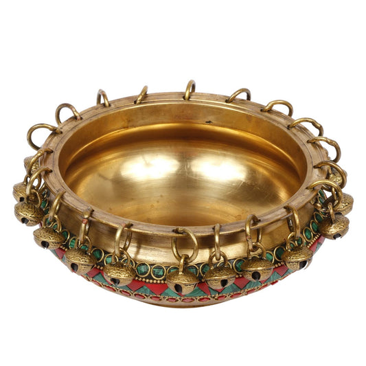 Hanging Bells Design Brass colured stone Urli decorative bowl