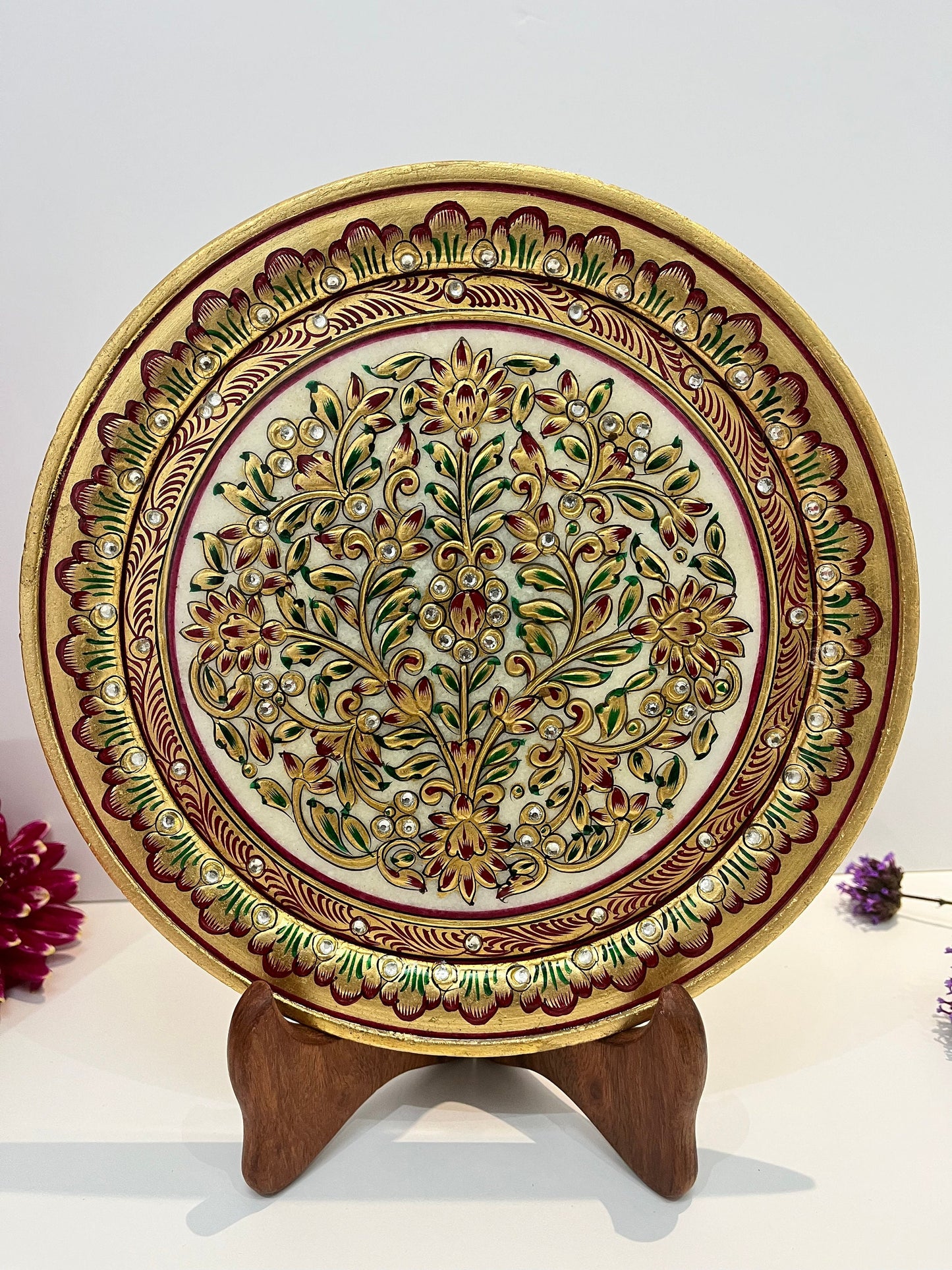 Hand crafted meenakari work marble plate with stand.