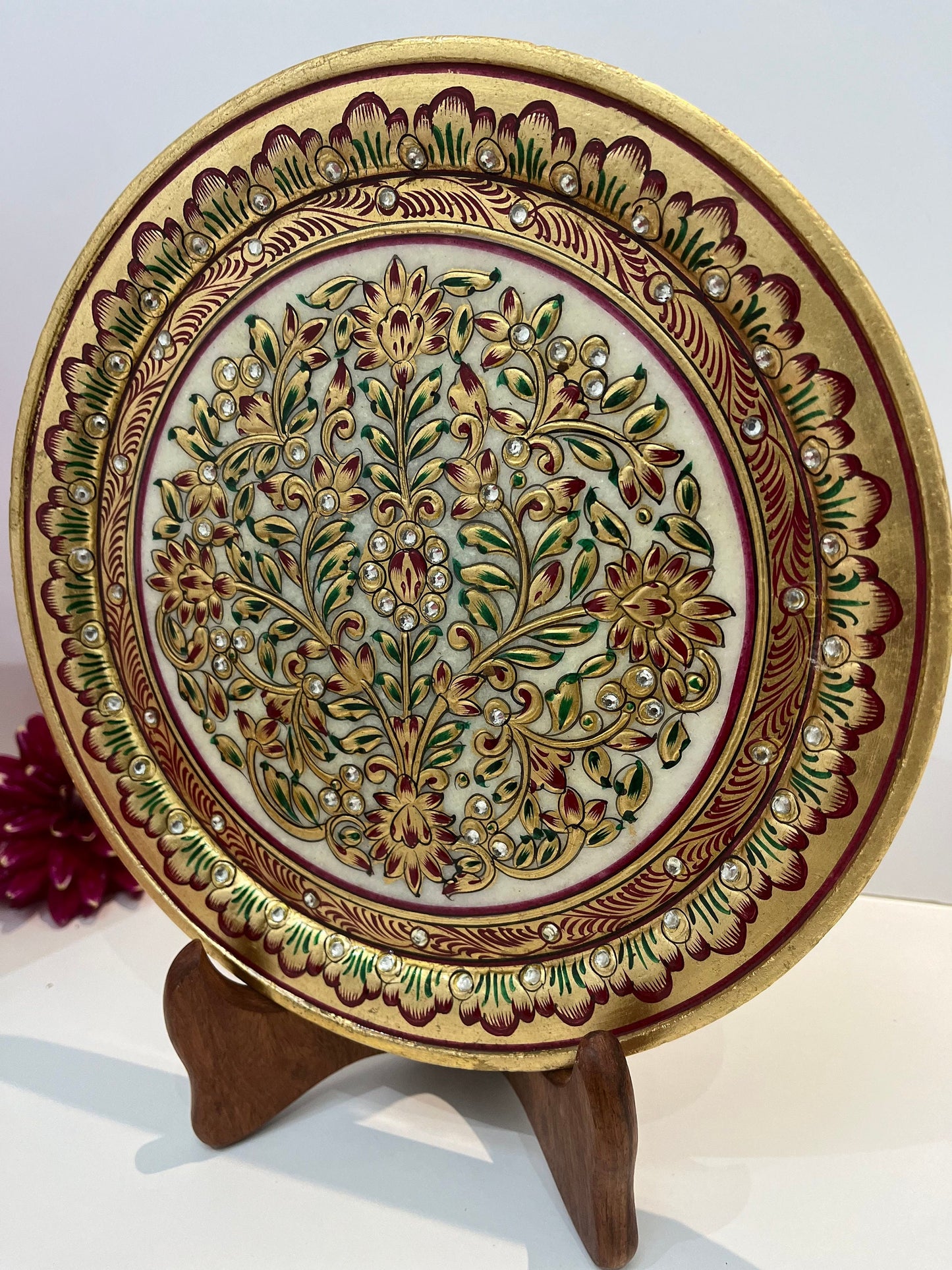 Hand crafted meenakari work marble plate with stand.