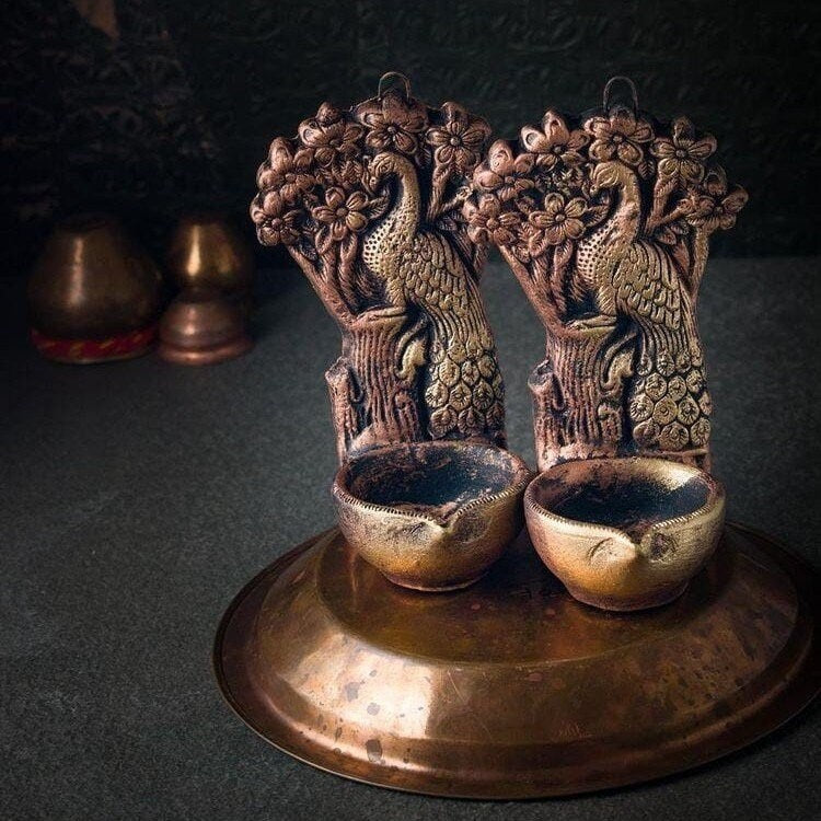 Terracotta tree peacock tea light holder (Diwali Diya) set in metallic colour. Set of 2