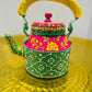 Handpainted indian tea kettle with 6 glasses and a kart.