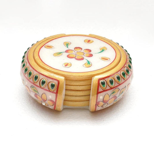 Set of Six beautiful marble coasters with Rajasthani meena artwork