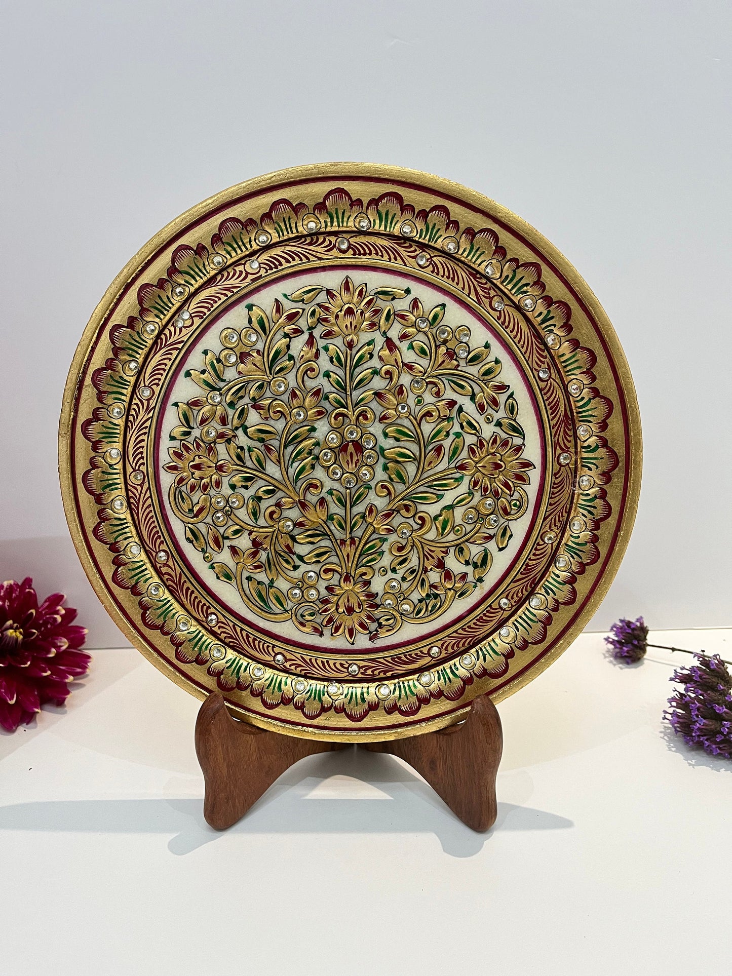 Hand crafted meenakari work marble plate with stand.